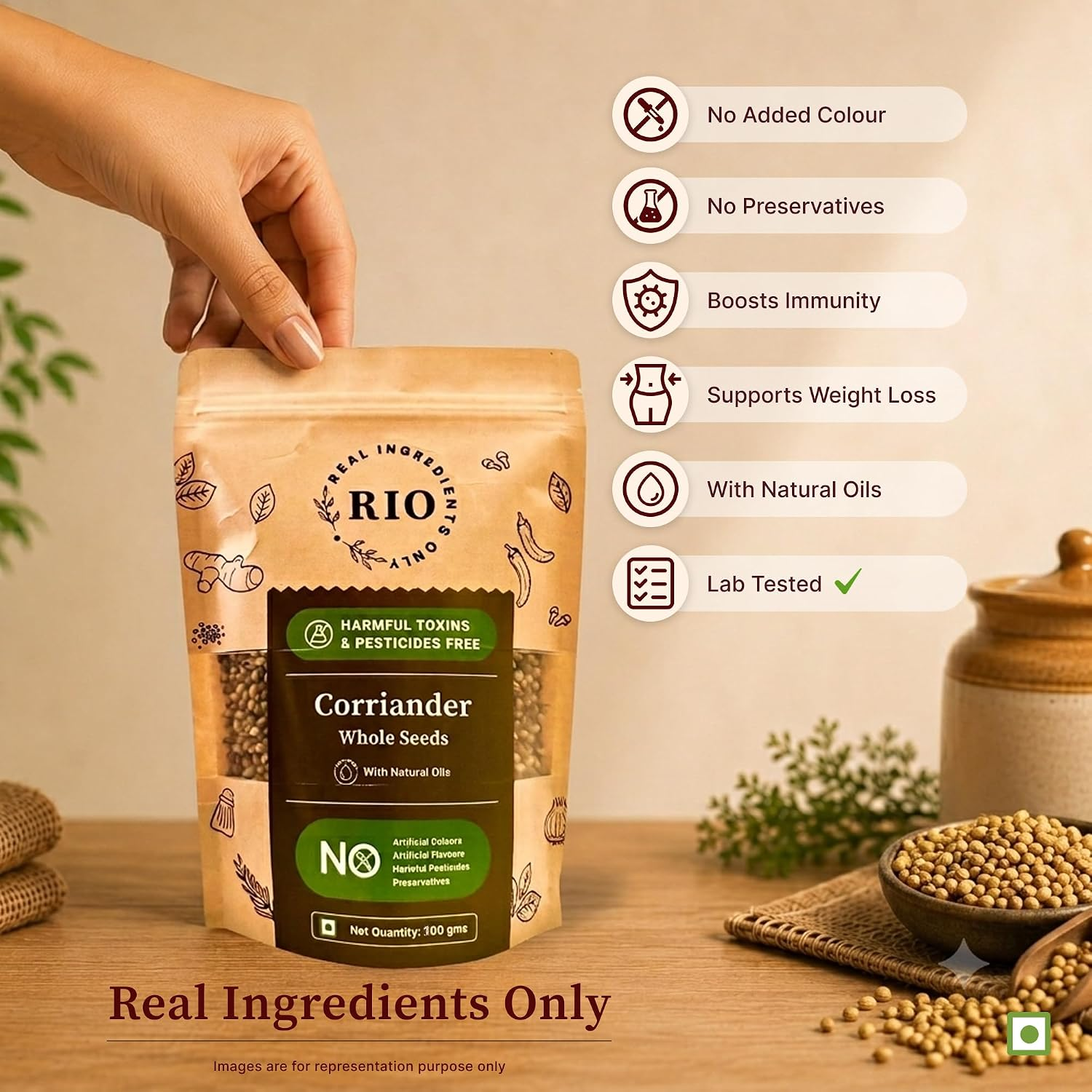 Whole coriander seeds pouch on a table