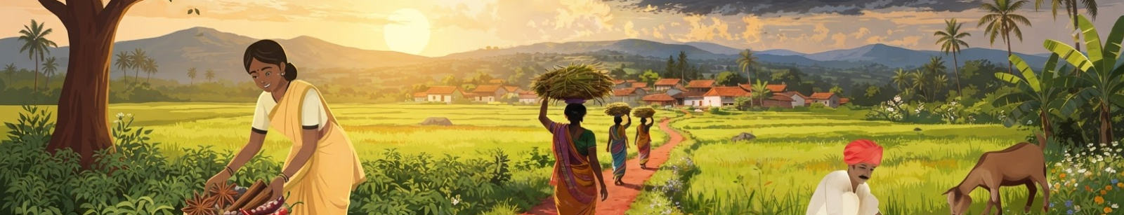 Painted illustration of Indian farmers harvesting spices at sunset