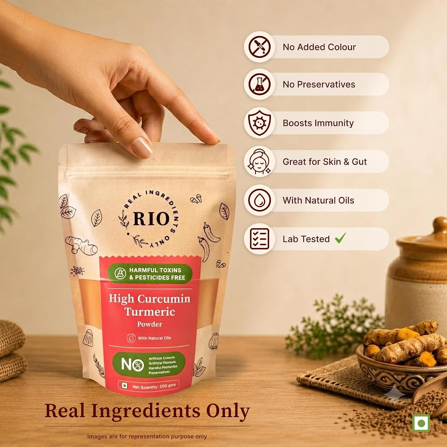 Turmeric powder pouch on a kitchen counter
